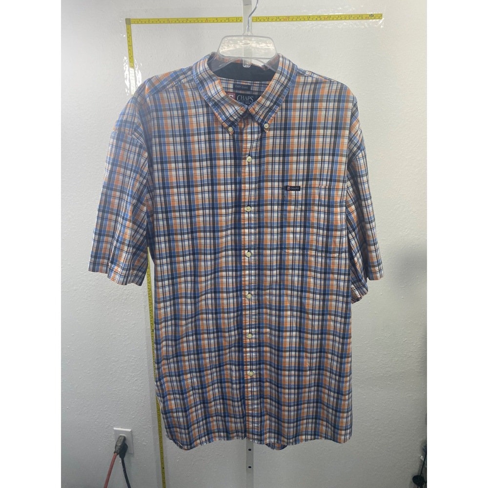 Chaps Mens 3XLT Plaid Short Sleeve Button Down Shirt Blue Orange Easy Care Tall